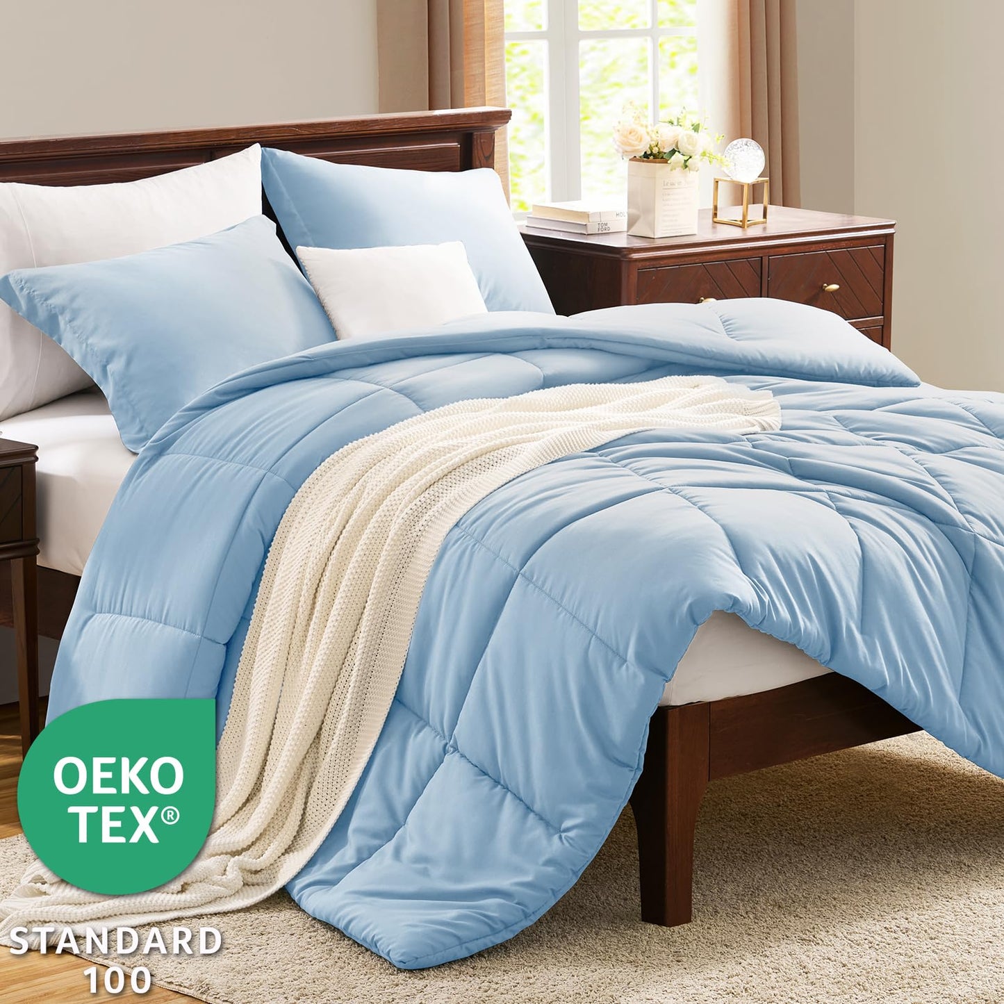 CozyLux Queen Comforter Set - 270GSM Baby Blue Bedding Sets for All Seasons, 3 Pieces Box Stitched Bed Set with 1 Down Alternative Comforter and 2 Pillow Shams, Soft, Lightweight, Breathable