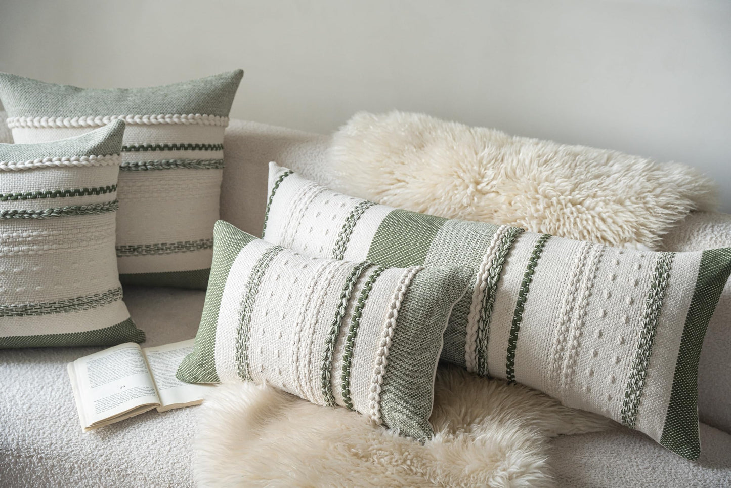 Cethom Boho Lumbar Pillow Covers 14x36 Inch Long, Green Textured Decorative Couch Pillow Cases for Farmhouse Home Decor, Accent Cushion Cover for Sofa, Bed, Living Room, Bedroom, Pack of 1