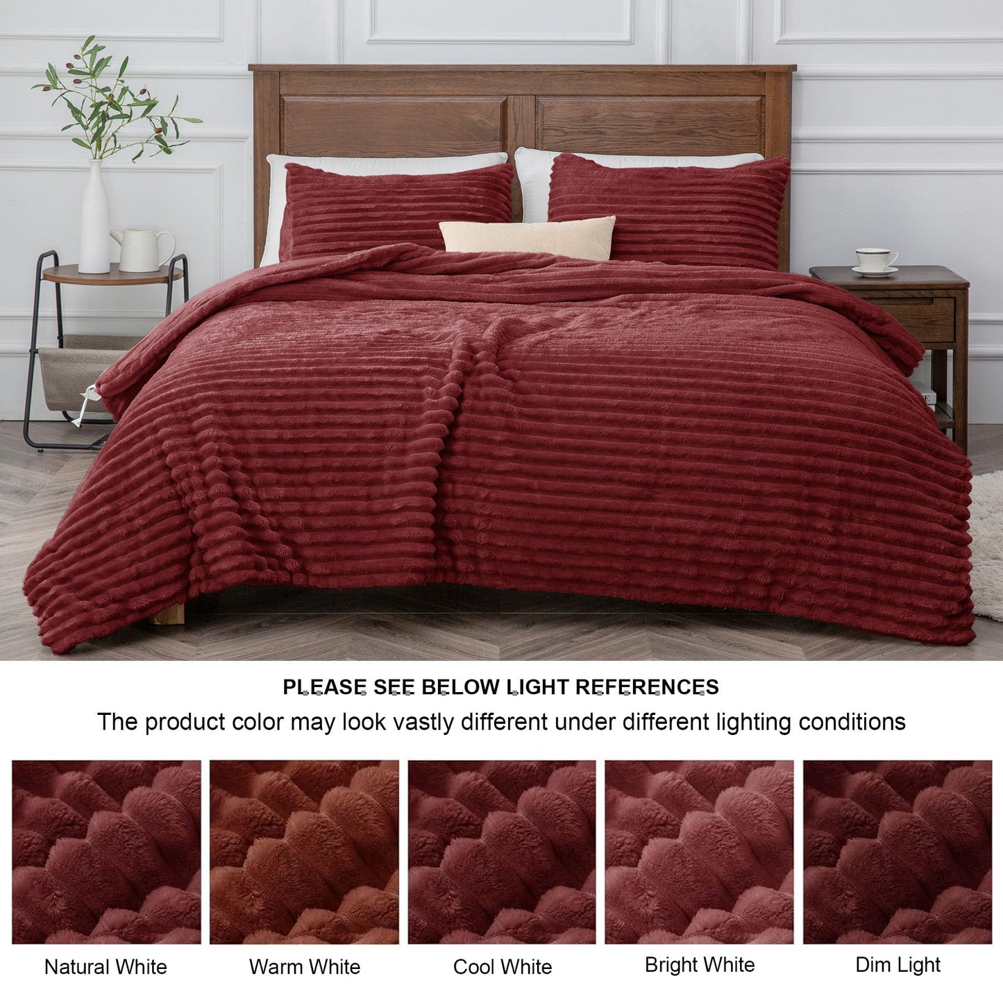 BEDELITE Fleece Queen Comforter Set -Super Soft & Warm Fluffy Burgundy Bedding, Luxury Fuzzy Heavy Bed Set for All Season with 2 Pillow Cases