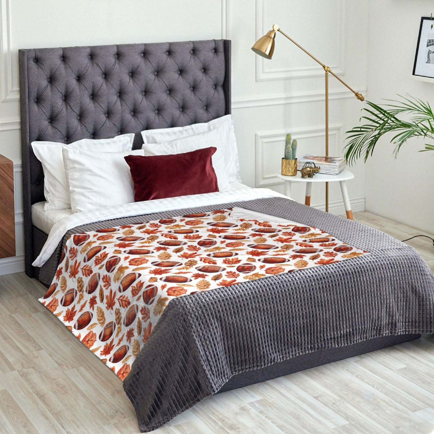 Football with Maple Leaves Flannel Throw Blanket Soft Cozy Fall Blanket for Living Room Couch Sofa Bed 50 x 60 Inches