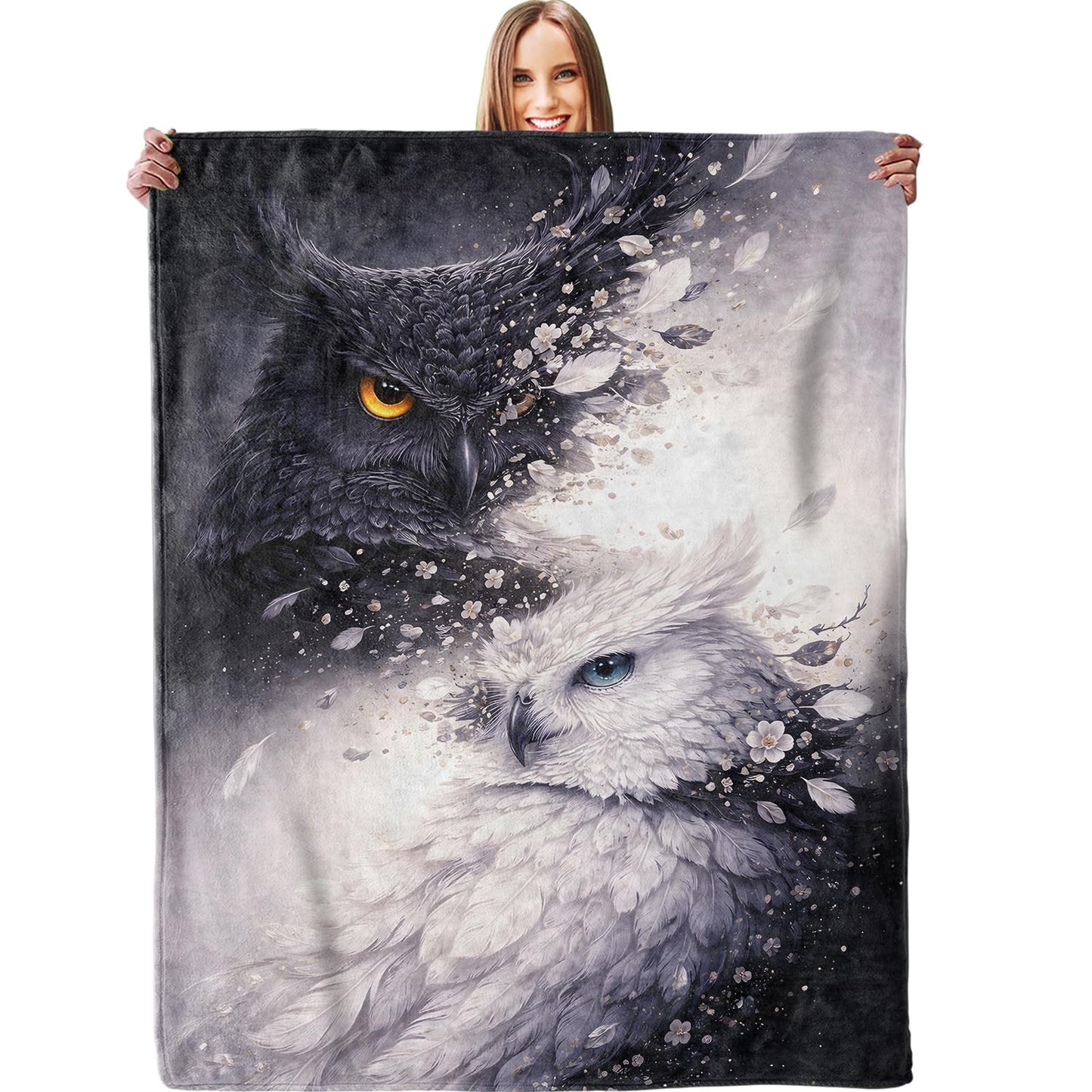 dhakalrlde Black and White Owl Blanket, Soft Artistic Dual Owl Feather Burst Design Throw Wildlife Blanket Gifts for Women Adult, Lightweight Warm Cozy 60×50 inch Flannel for Couch, Travel, Bed, Decor