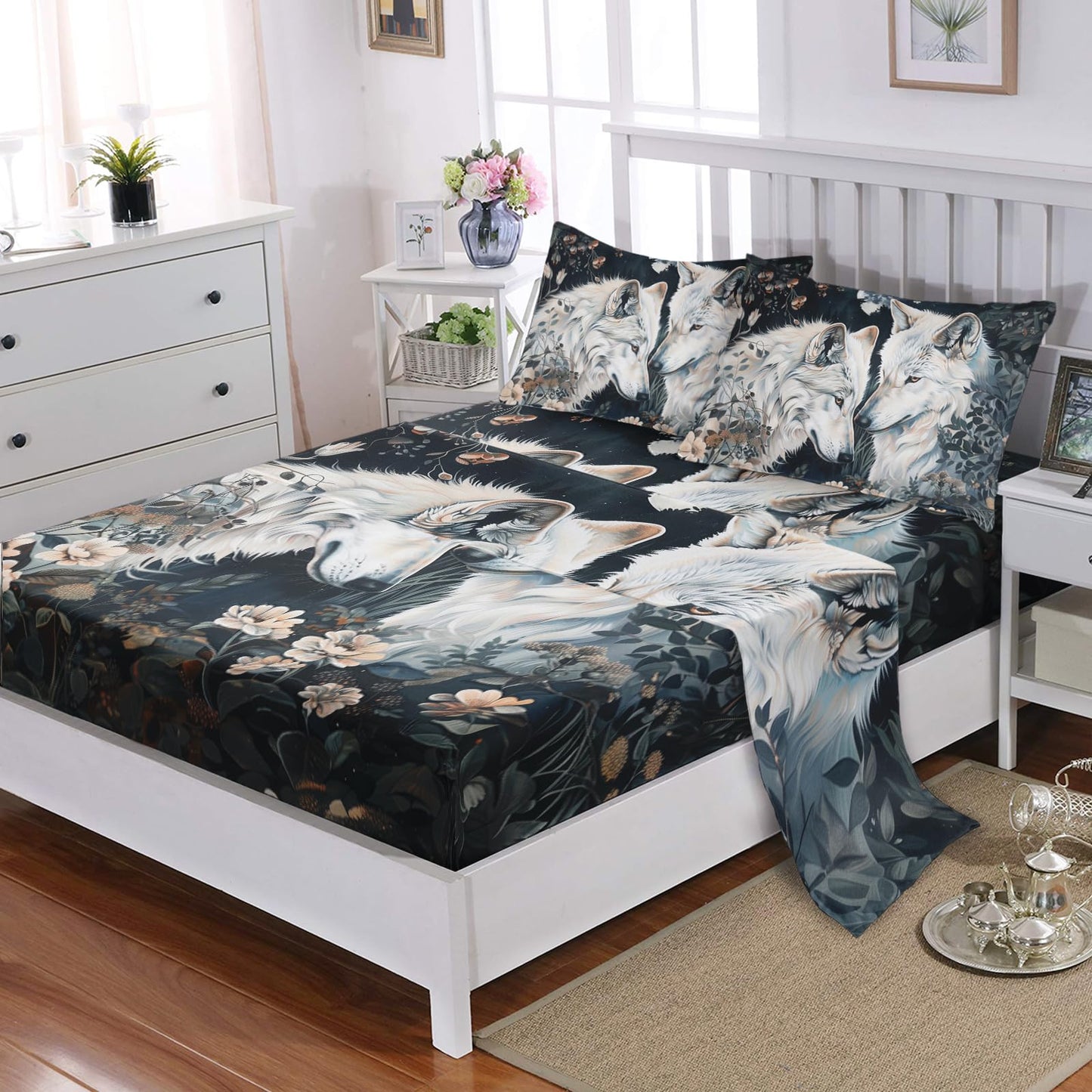 White Wolf Bedding Set Queen Size，Boho Animals Wolf 3D Pattern Bed Sheet Set 16" Deep Pocket, Wolf bedding set for Boys Kids and Adults，Wolf Theme Bed Sheet Set 4 PCS(Fitted + Flat + 2 Pillowcases)