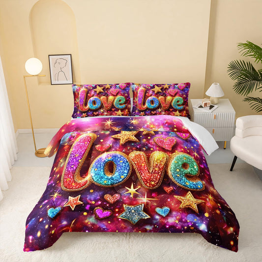 QOOMO Colorful Love Kids Bedding Set,Cartoon Stars Print Comforter Set Queen Size for Boys Girls Room Decoration,Soft Lightweight Bed Set All Season,1 Comforter Set 2 Pillowcases