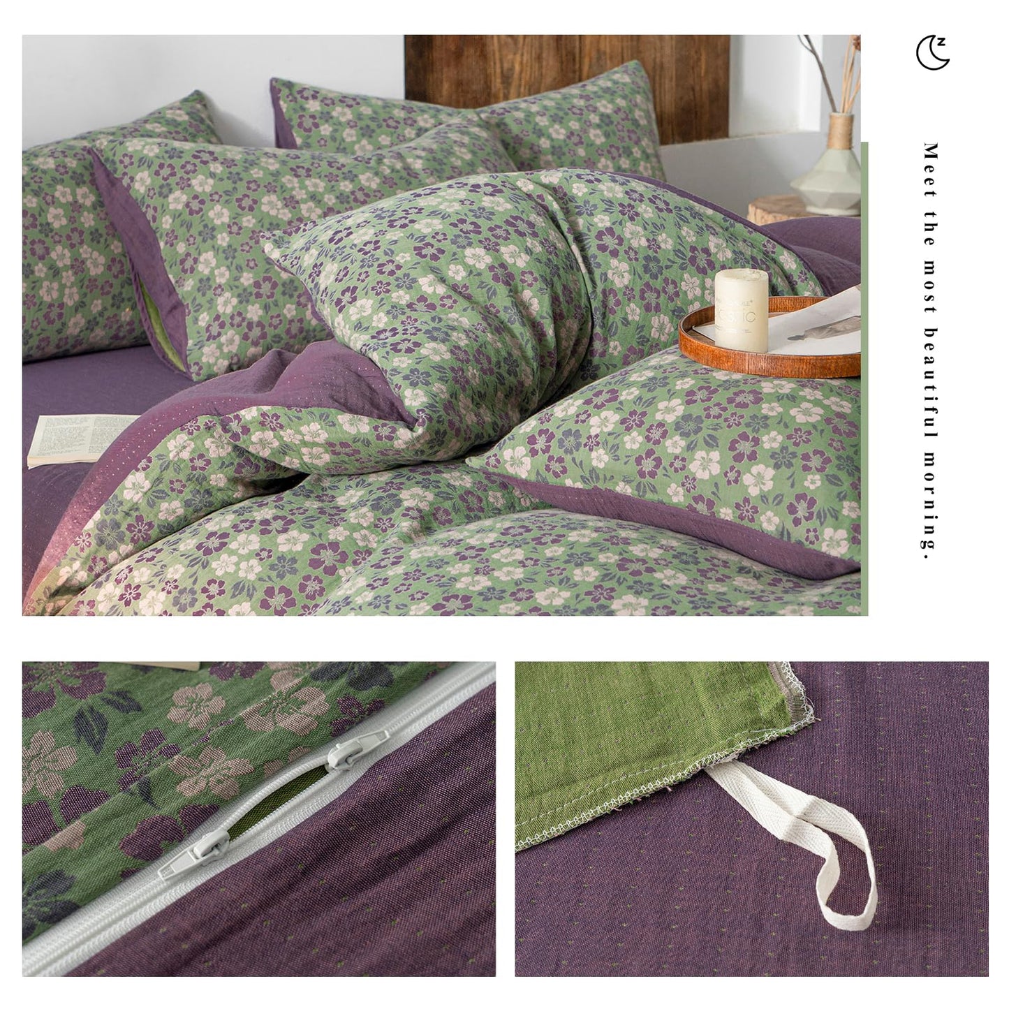 VM VOUGEMARKET Green & Purple Floral Jacquard Duvet Cover Set Queen,Breathable Double Layer Gauze Farmhouse Style Bedding Set for Home