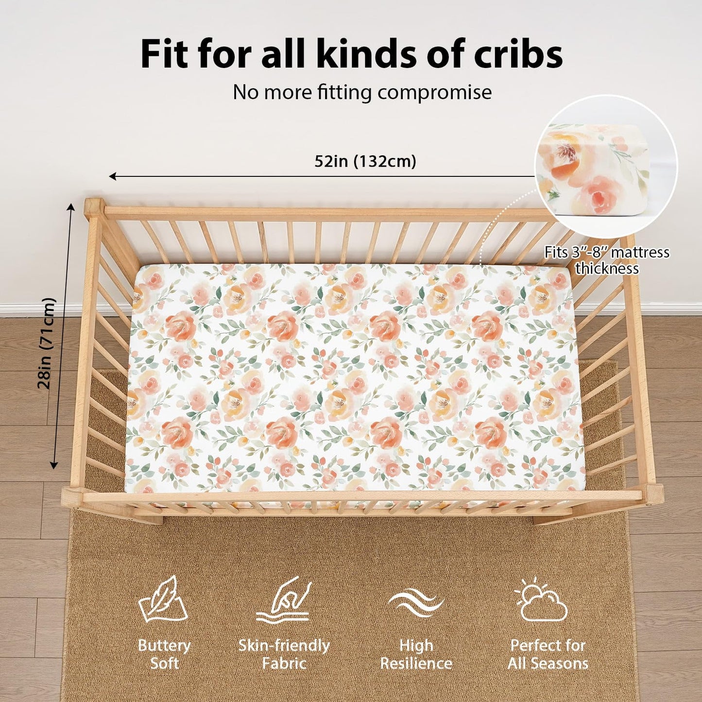 FIEMOL Baby Crib Sheets Girl, 3 Pack Toddler Bed Sheets for 52”x28” Standard Toddler Mattresses, Soft Microfiber Fitted Crib Sheets Neutral Orange Watercolor Flower