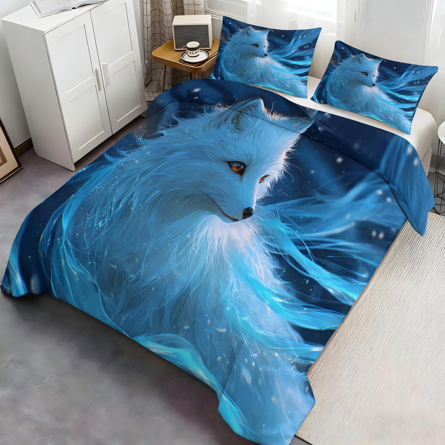ZAOMIR White Fox Print Duvet Cover Set 3Pcs Reversible Soft Microfiber Fantasy Animal Bedding Set Twin Size Starry Animal Comforter Cover with 2 Pillowcases