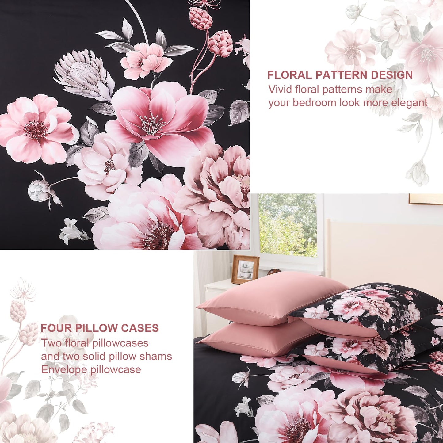 Floral Comforters Queen Size 7 Pieces Botanical Black and Pink Comforter Set Ulter Soft Microfiber Bedding Set, Lightweight Bed Comforter Set with Sheets for All Season (Black, Queen)