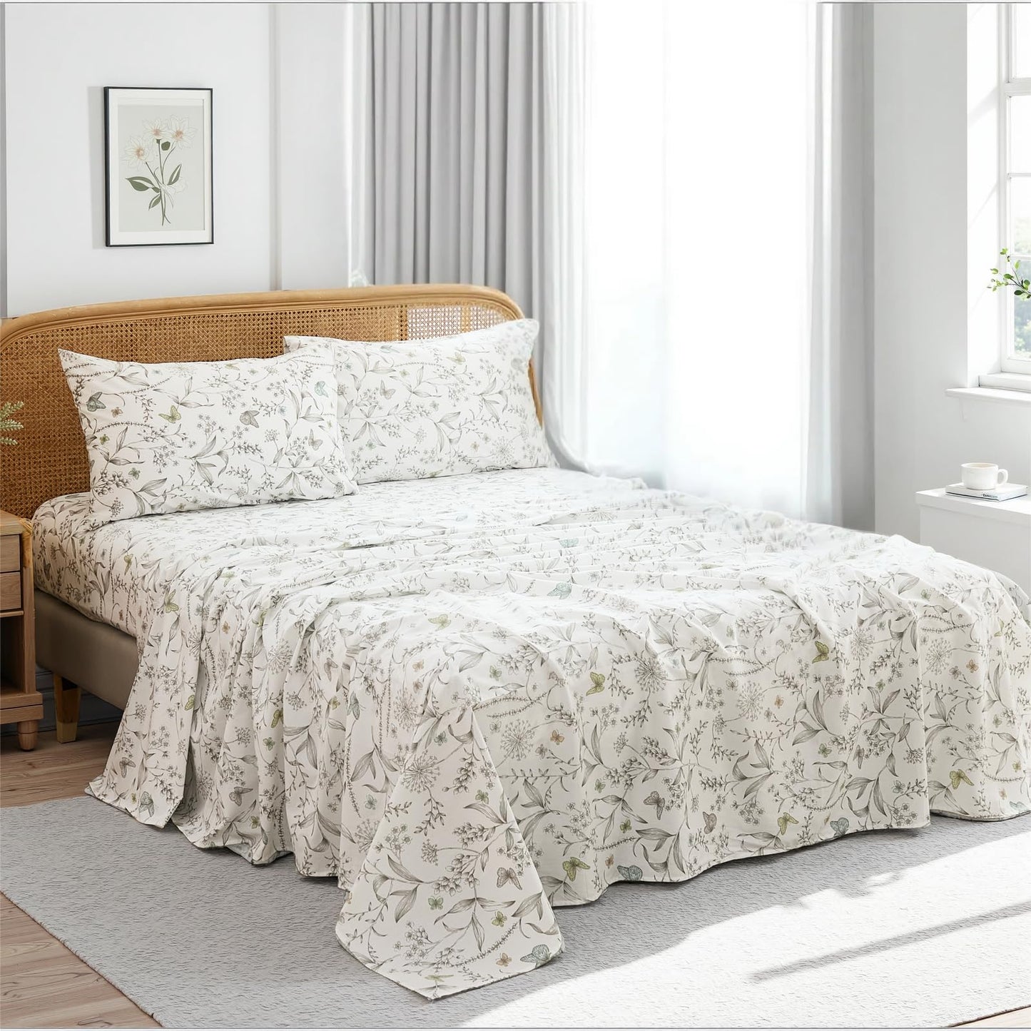 Cozaline 100% Cotton Sheet Set King Size – 4-Piece Chic White Floral Bedding Set, Soft Breathable Percale Weave, Deep Pocket Fitted Sheet 17.5", Crisp Cool Feel, Refined Botanical Elegance