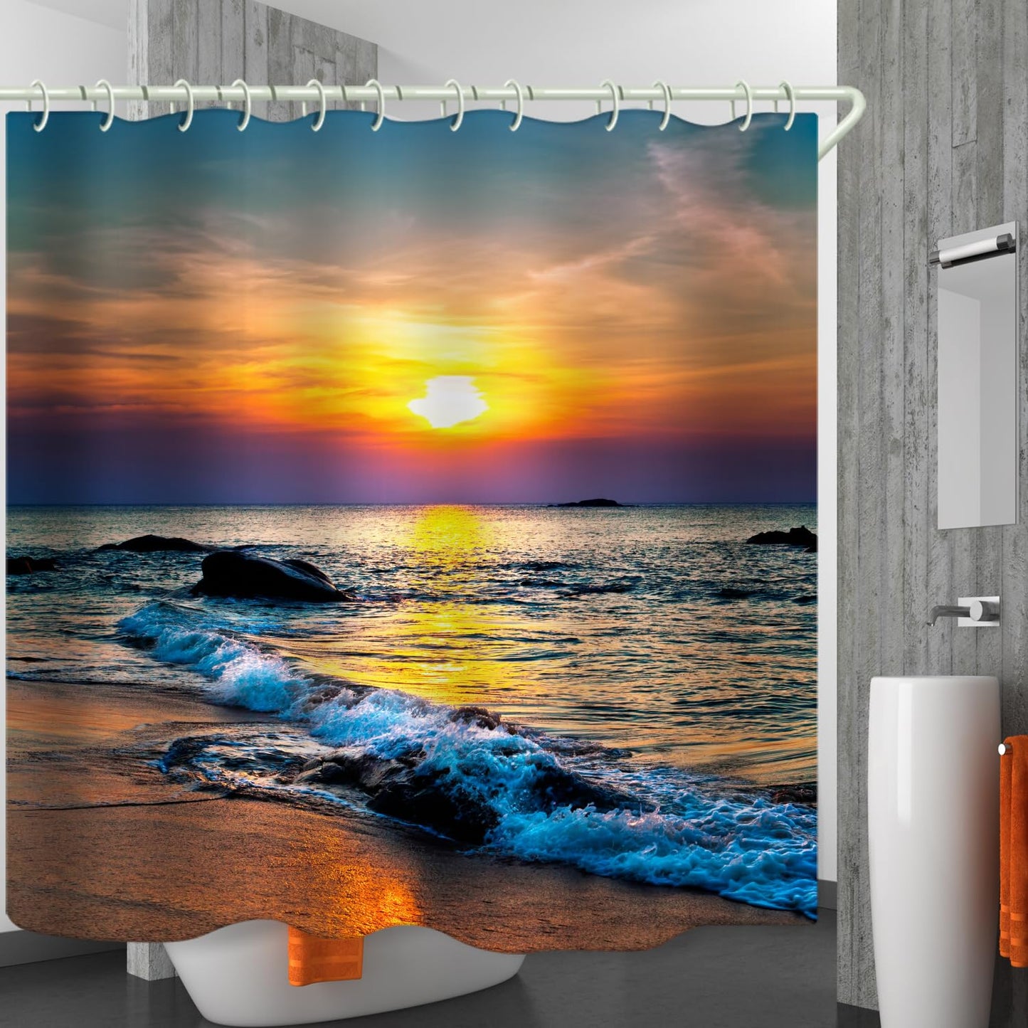 LYFANS Bathroom Uses Dawn Beach 3D Shower Curtain, Bathtub Uses Luxurious Standard Waterproof Shower Curtain, Washable Fabric Shower Curtains, with 12 White Hooks, 59x72 Inches.