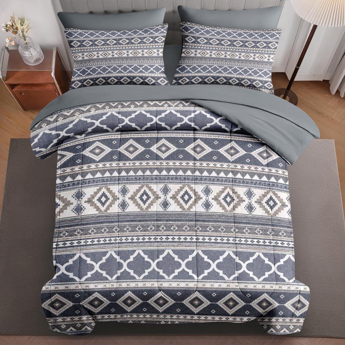 Boewywh Comforter Set Twin Size Boho Aztec Geometric 7 Pcs, Bedding for Kids and Adults, Southwestern Grey Bed Sheet Sets with Fitted Sheet 2 Pillowcases & 2 Shams for Bedroom Bed Decor