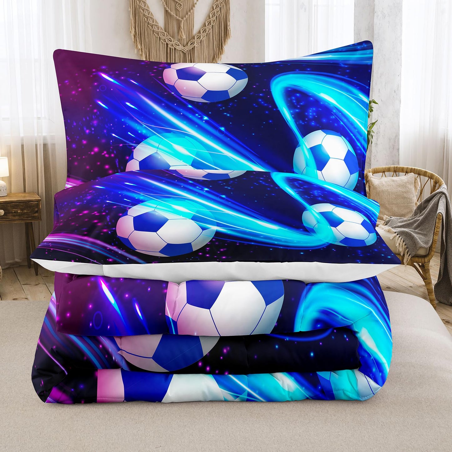Peopleareok Soccer Comforter Set Twin (68x86 Inch), Purple Blue Soccer Theme Comforter, Sports Soccer Bedding, 2 Pieces Soft Microfiber Football Bedding Set for Boys Kids with 1 Pillowcases