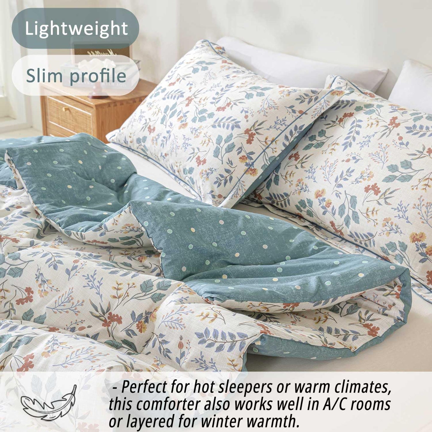 LEMIROE Botanical Cotton Comforter Queen Size - Lake Green Comforter with Dusky Blue & Warm Rust Leaves on Ivory,Reversible Lightweight Bedding Sets 3Pcs(Polka Dot)