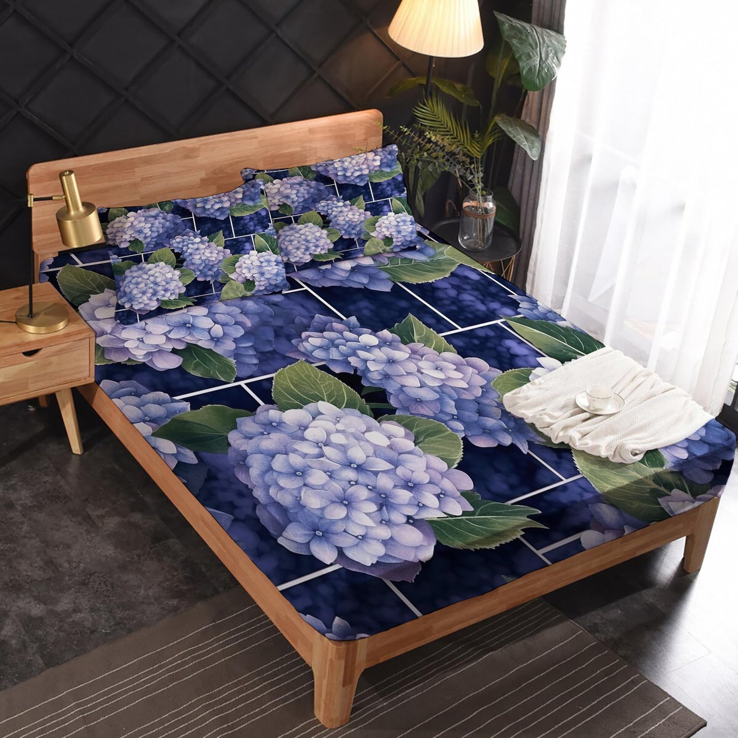 zcsm Hydrangea Sheets King Size - Floral Bed Sheets, Soft Microfiber & Deep Pocket & Wrinkle Free Patterned Bedding Sheets & Pillowcases, 4 Piece (1 Fitted Sheet, 1 Flat Sheet, 2 Pillow Cases)