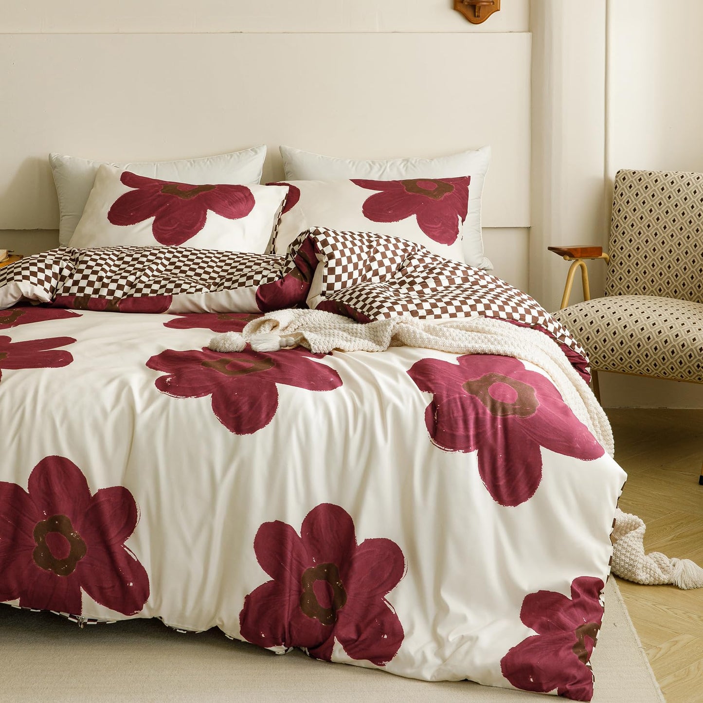 CLOTHKNOW Burgundy Sunflower Queen Comforter Set Floral Bedding Comforter Sets Brown Plaid Queen Comforter Soft All Season