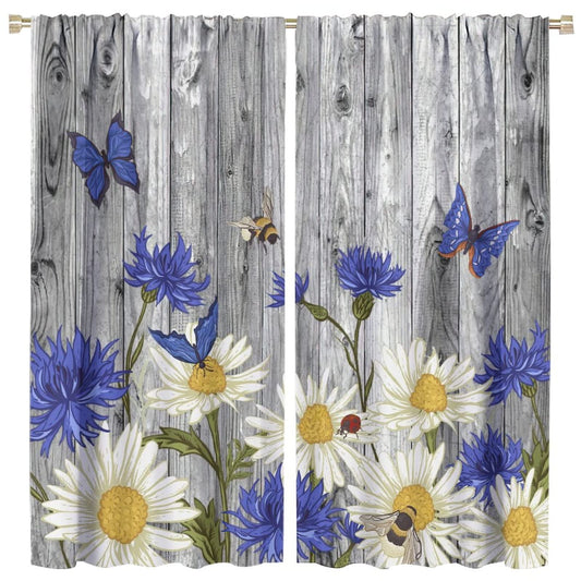 Floral Kitchen Curtains,Vintage Country Daisy Floral Flowers Butterfly Wood Background Blackout Window Door Curtains for Bedroom Living Room Home Decor W42xL45in