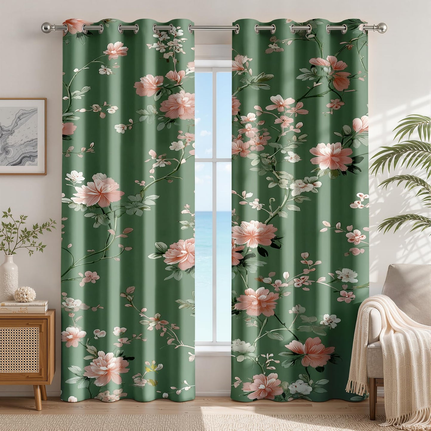 Vintage Floral Patterned Blackout Curtains for Bedroom Living Room, 63 Inch Curtains 2 Panel Set, Thermal Insulated Room Darkening Grommet Drapes, Farmhouse Green Pink Flower Botanical Treatments