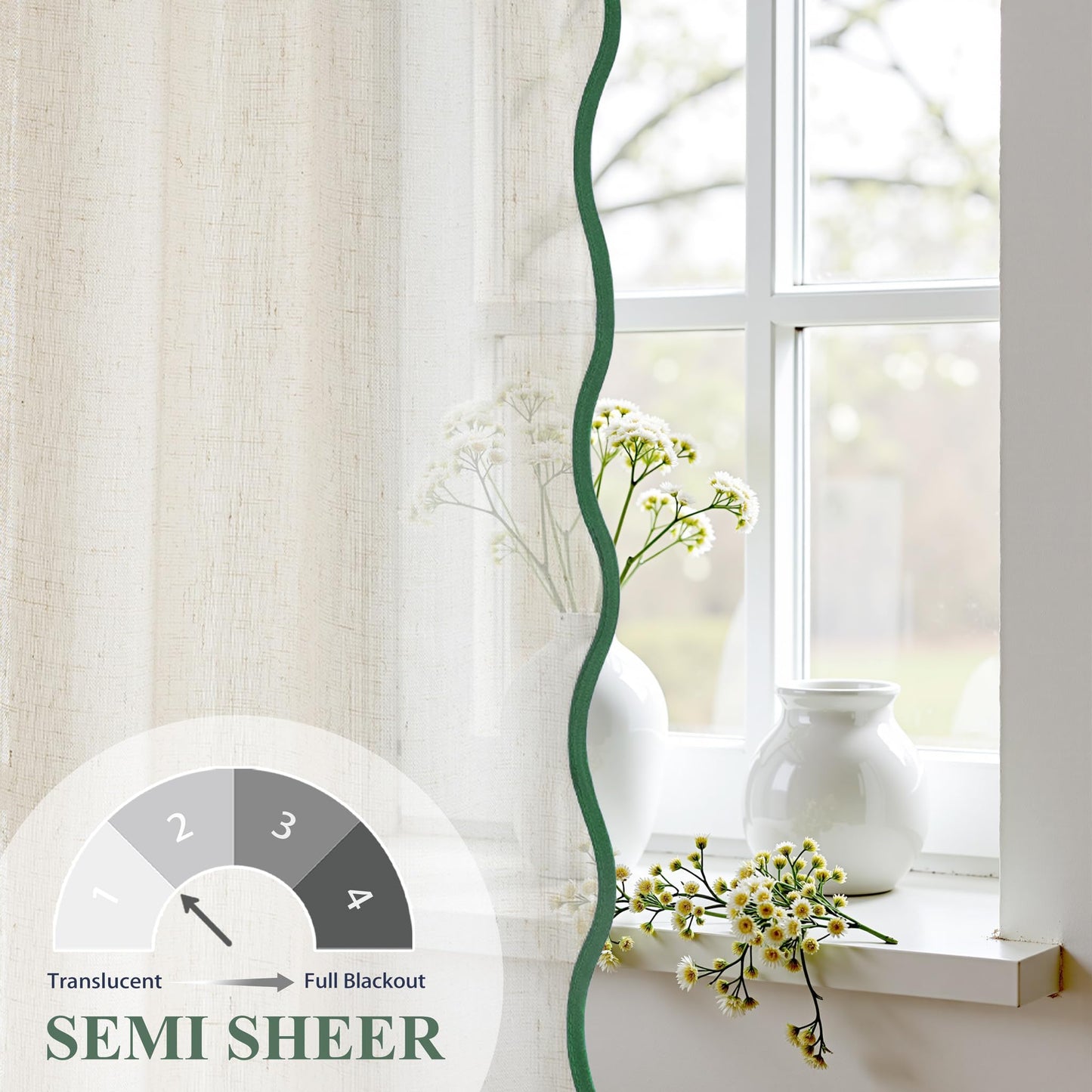 DriftAway Semi Sheer Scalloped Edge Linen Coastal Beach Window Curtains for Living Room Bedroom 2 Panels Rod Pocket Each Size 52 Inch by 96 Inch Loden Green
