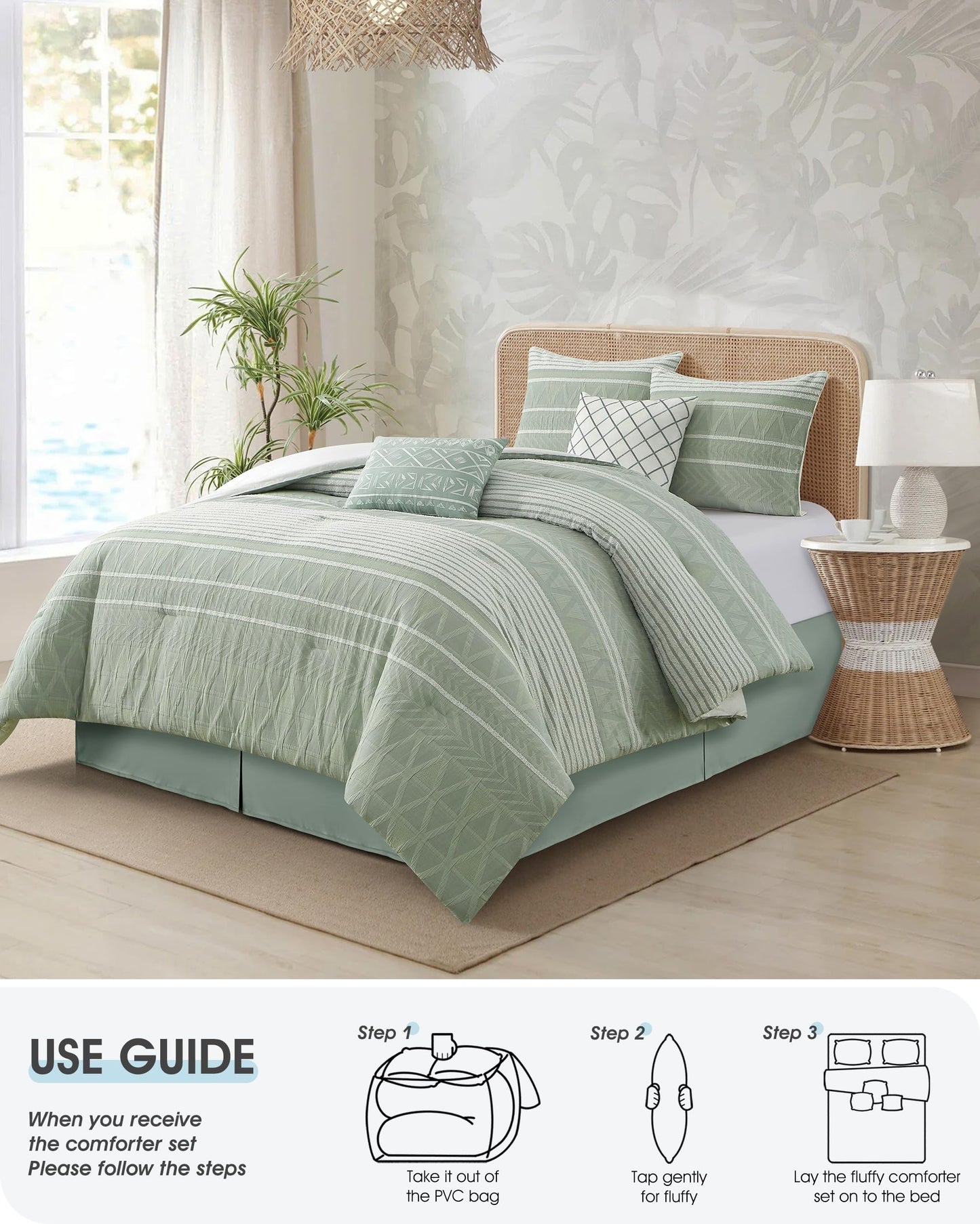 LANCO MODERN LIFESTYLE Cotton Comforter Set Queen, Gorgeous Geometric Jacquard, Sage Soft Lightweight Bedding Set for All Seasons, Bedskirt, Pillow Shams and Decor Pillows