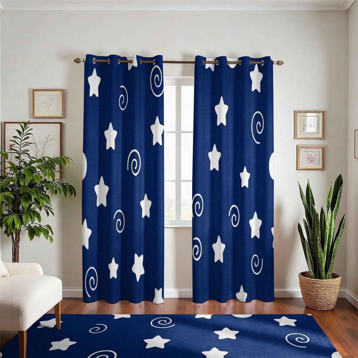 MBVZGUK Navy Blue Starry Sky Grommet Curtains Blackout, 63 Inch Long 2 Panels, Cute White Star Night Swirls Room Darkening Drapes for Nursery, Thermal Insulated Night Sky Curtains for Room Decor