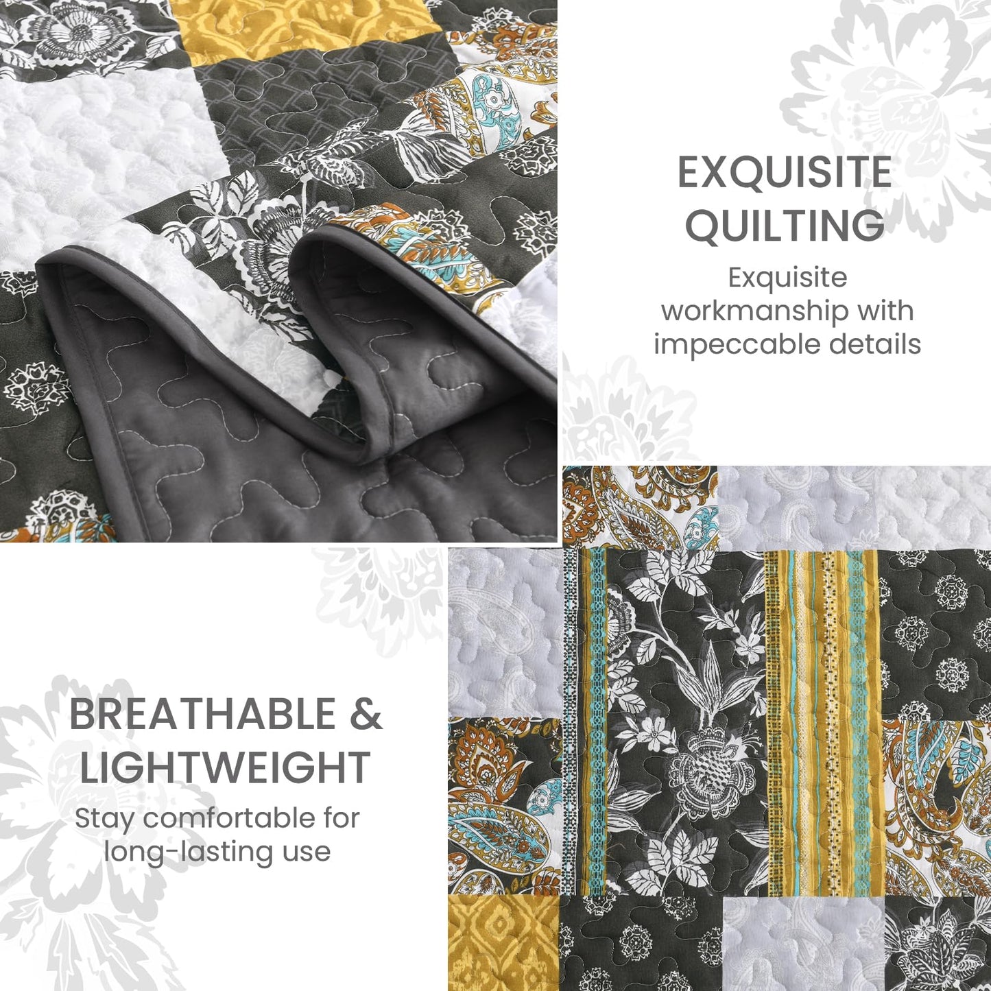 Patchwork Quilt Set King Grey Boho Bedsperad Classic Coverlet Set, 3 Pieces Bohemian Quilts Grey Yellow Bedding Set, Soft Microfiber Reversible Plaid Patchwork Bedspread for All Seaon (110''x90'')