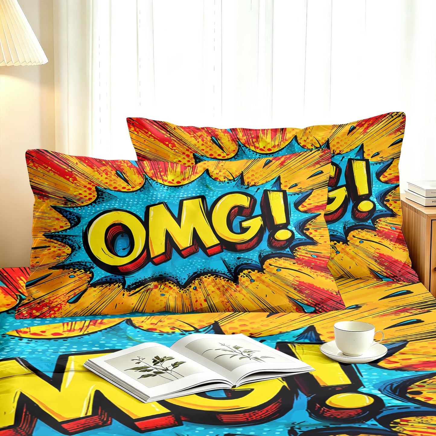Kids OMG Sheet Set, 4 Pcs Queen Size Pop Art Bed Sheets