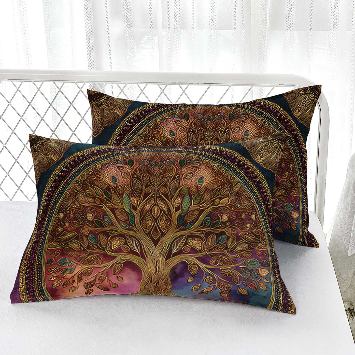 AILONEN Tree of Life Fitted Sheet Set Queen Size,Retro Floral Plant Bedding Set for Boys Girls,Bohemian Tree of Life Deep Pocket Sheets with 2 Pillowcases,3-Piece