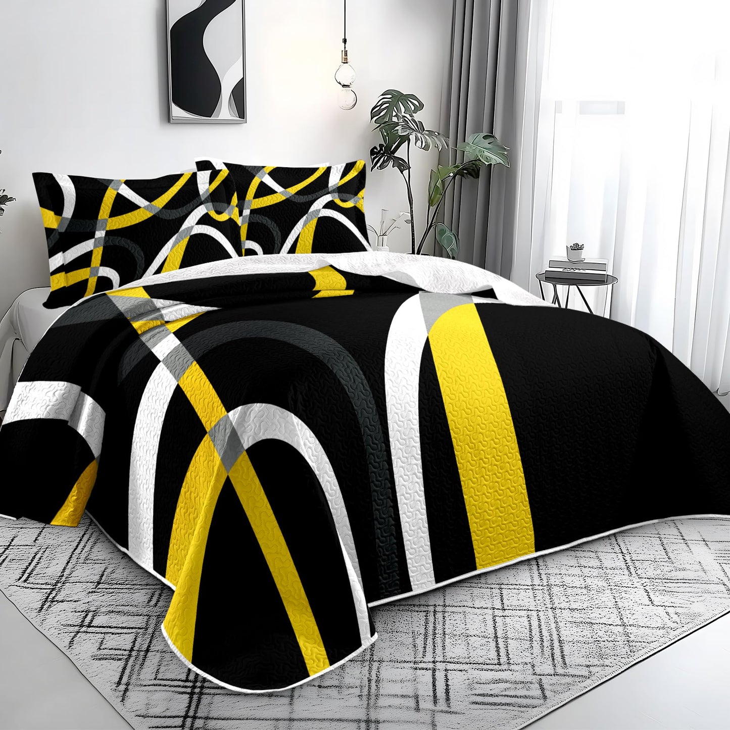 weesire Black and Yellow Bedding Quilt King Size with 2 Shams, Modern Stripe Comforter Sets Classic Line Pattern Bedspreads Grey and Yellow Coverlet, 96''x106''