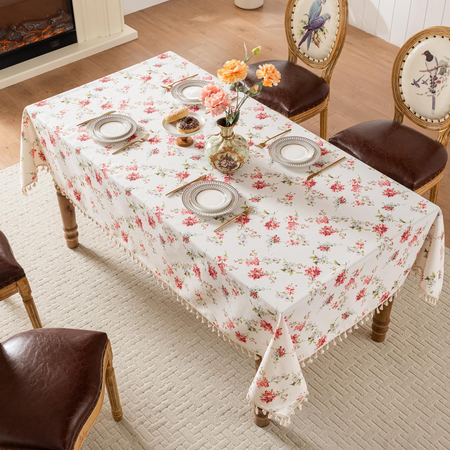HOMLOVE Tablecloth Pastoral Style, Waterproof & Stain Resistant Table Cloth Wrinkle Free Table Cover for Dining/Kitchen/Patio, Washable Indoor & Outdoor Use (Red Flower, 55"X120")