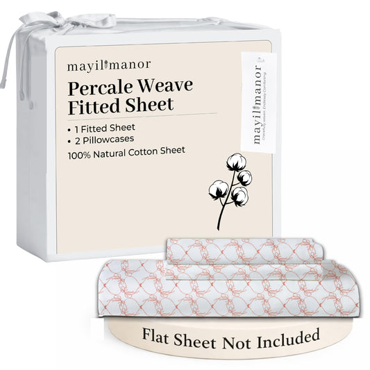 Mayil Manor Queen Size Fitted Sheet with 18" Deep Pockets, No Flat - Percale Weave Natural - Breathable 100% Cotton Printed Bedding, 1 Fitted Sheet + 2 Pillowcases - Pink Bows Print