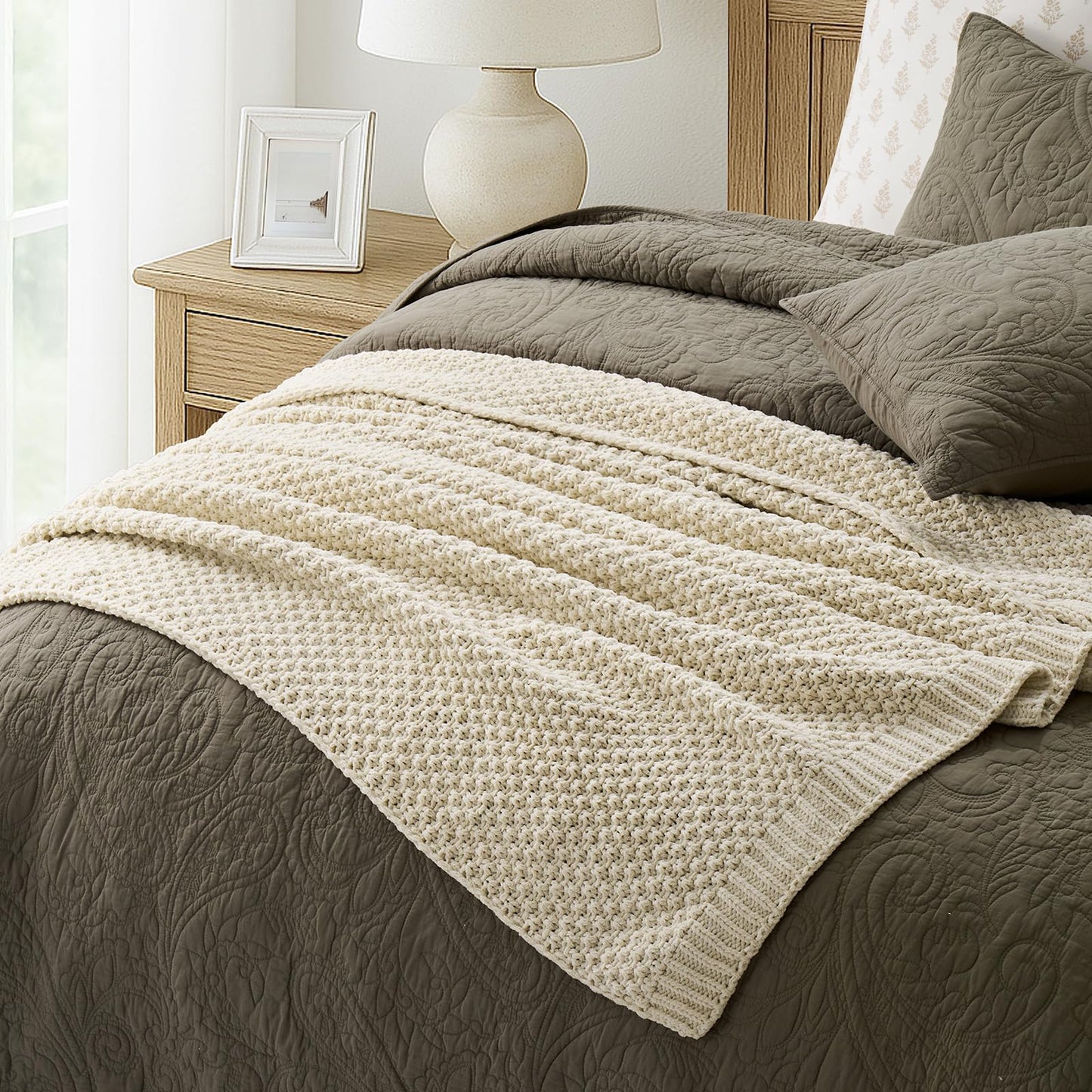 EVERGRACEHOME Chunky Chenille Knit Throw Blanket for Couch, Soft Luxurious Moss Stitch Blankets for Bed, Cozy Decorative Farmhouse Knitted Throws for Sofa, Beige, 50" x 60"