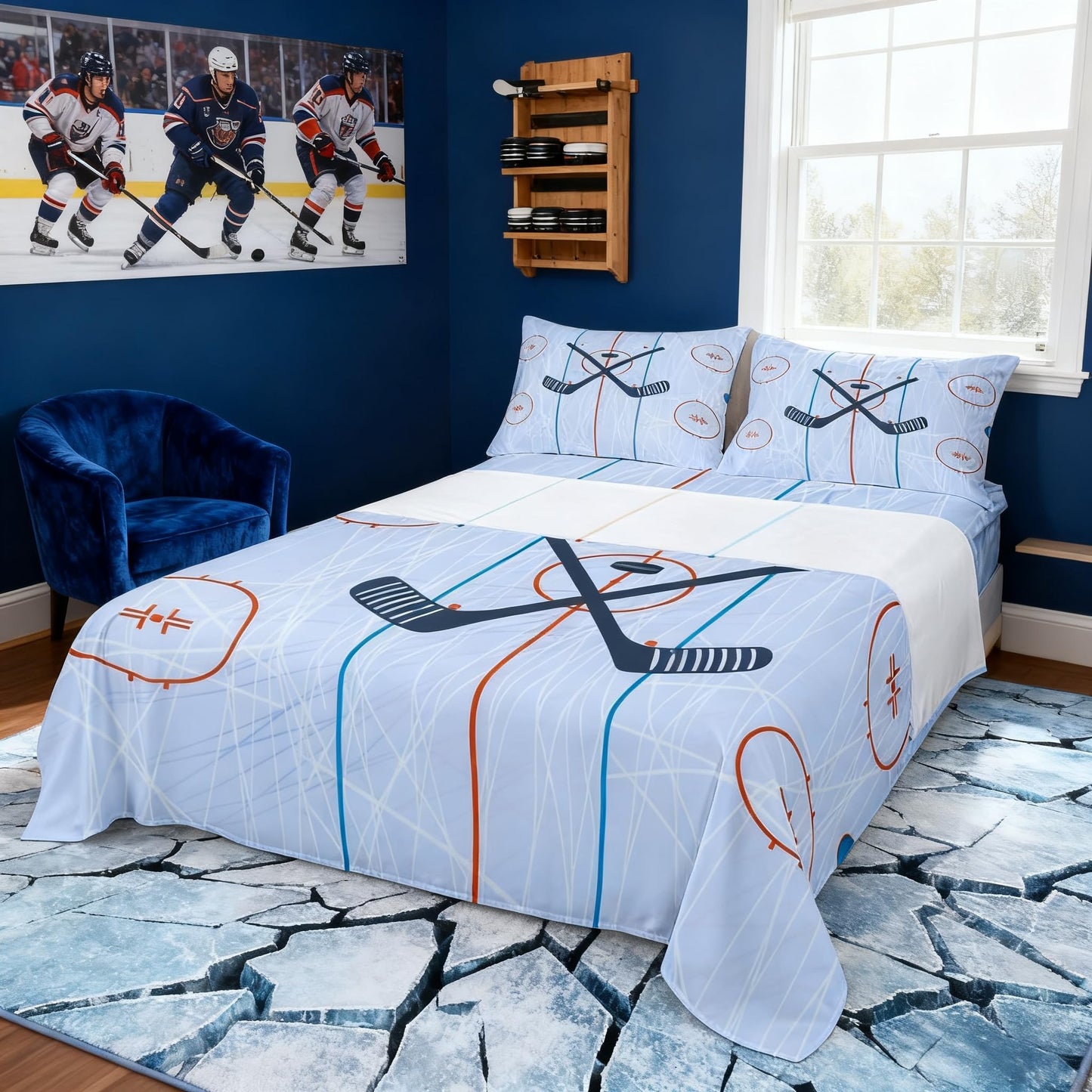 Ice Hockey Kids Sheet Full Size,Hockey Stadium Rink Bedding Set for Boys Girls Adults,Winter Event Ball Games Lovers Modern Stylish Bed Sheet Set 4pcs(Fitted Sheet + Flat Sheet + 2 Pillowcases)