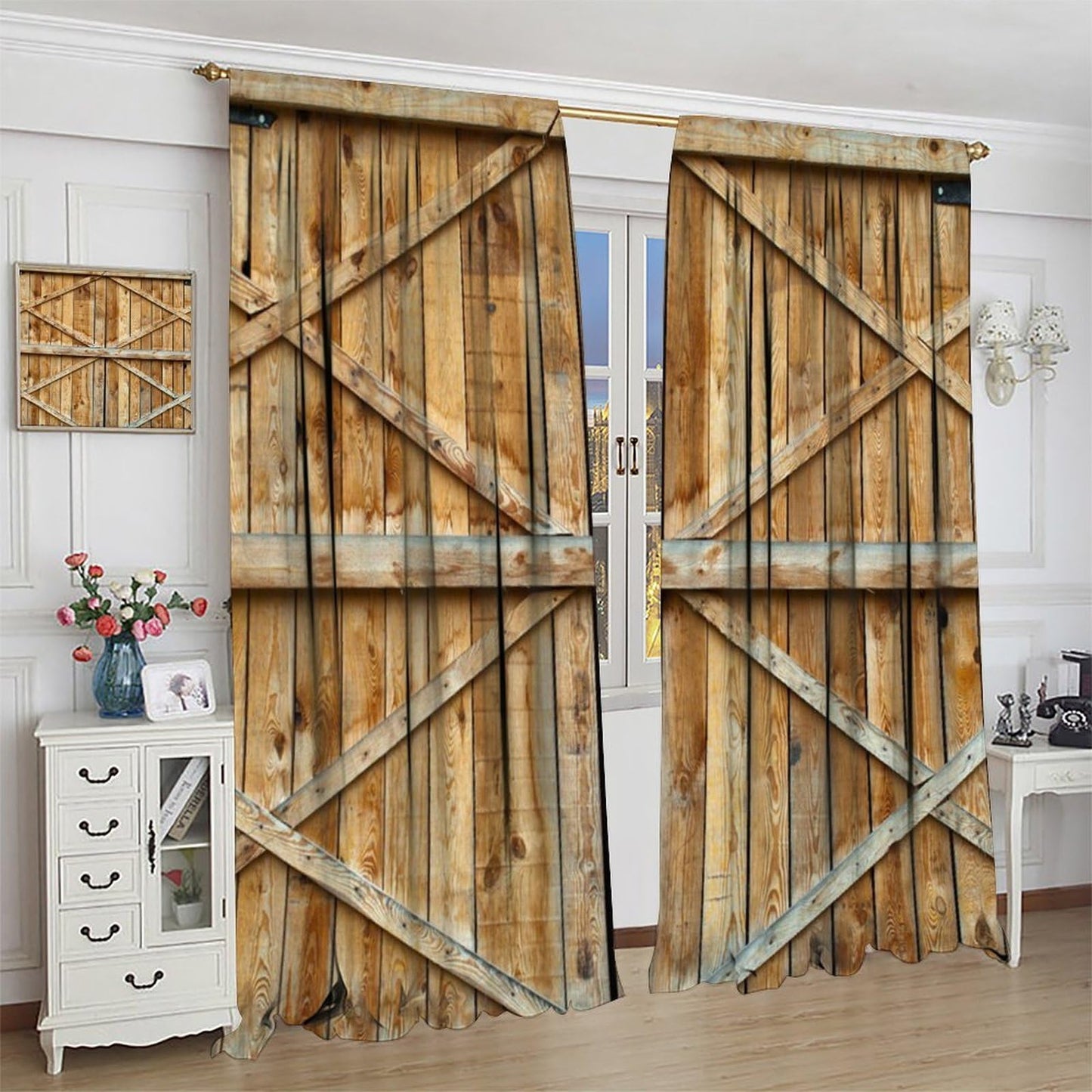 Wood Barn Door Decor Curtain, Natural Farmhouse Rustic Warm Double Wooden Door Pattern Print Rod Pocket Window Treatments, for Living Room Bedroom 42" W X 45" L