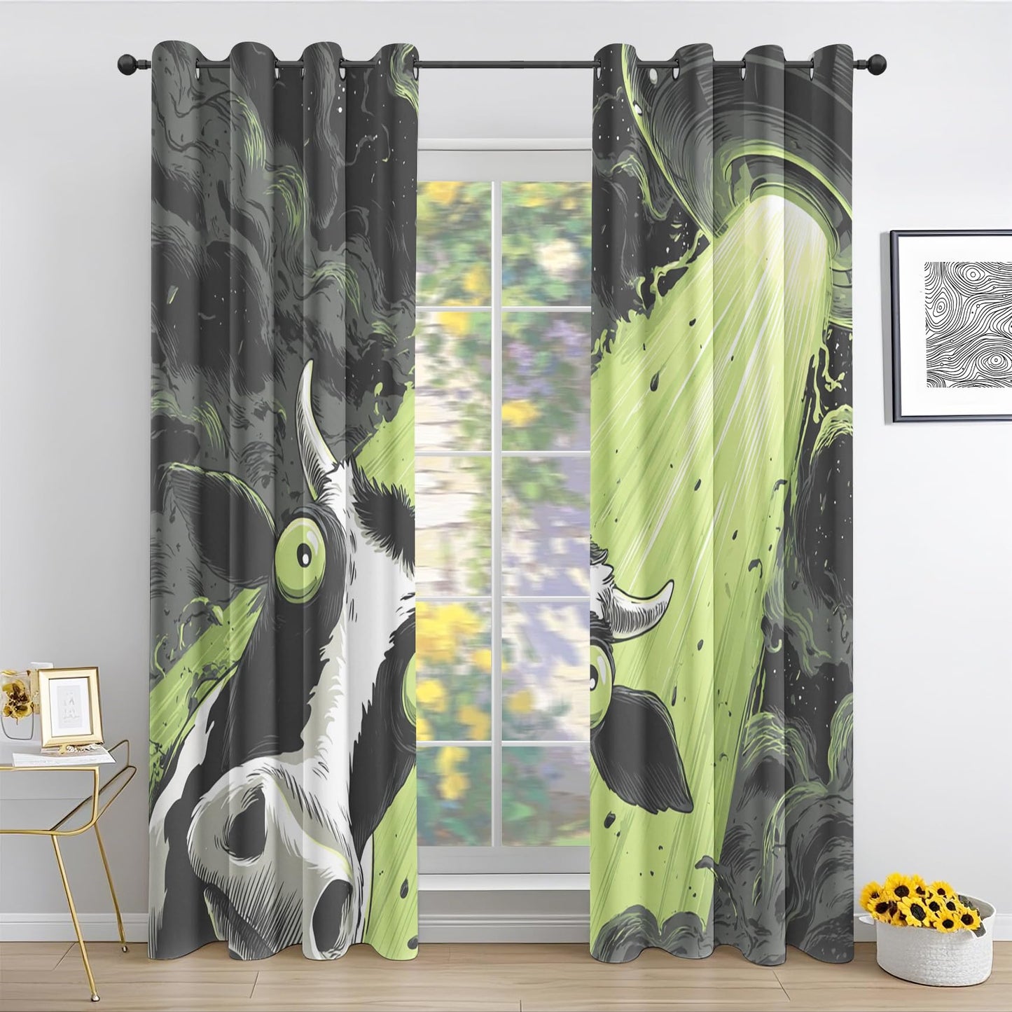 Funny Cow UFO Blackout Curtains, Farm Animal Drapes 63 Inch