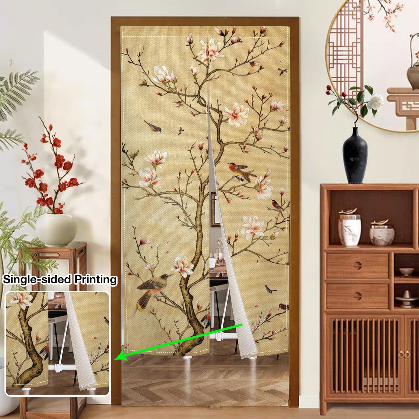 Leowefowa Long Japanese Noren Doorway Curtain Window Treatment Chinese Traditional Printing Door Curtain Tapestry Panel for Room Privacy Divider Home Kitchen Decor (Brown, Blossom), 33.5"x 70.9"
