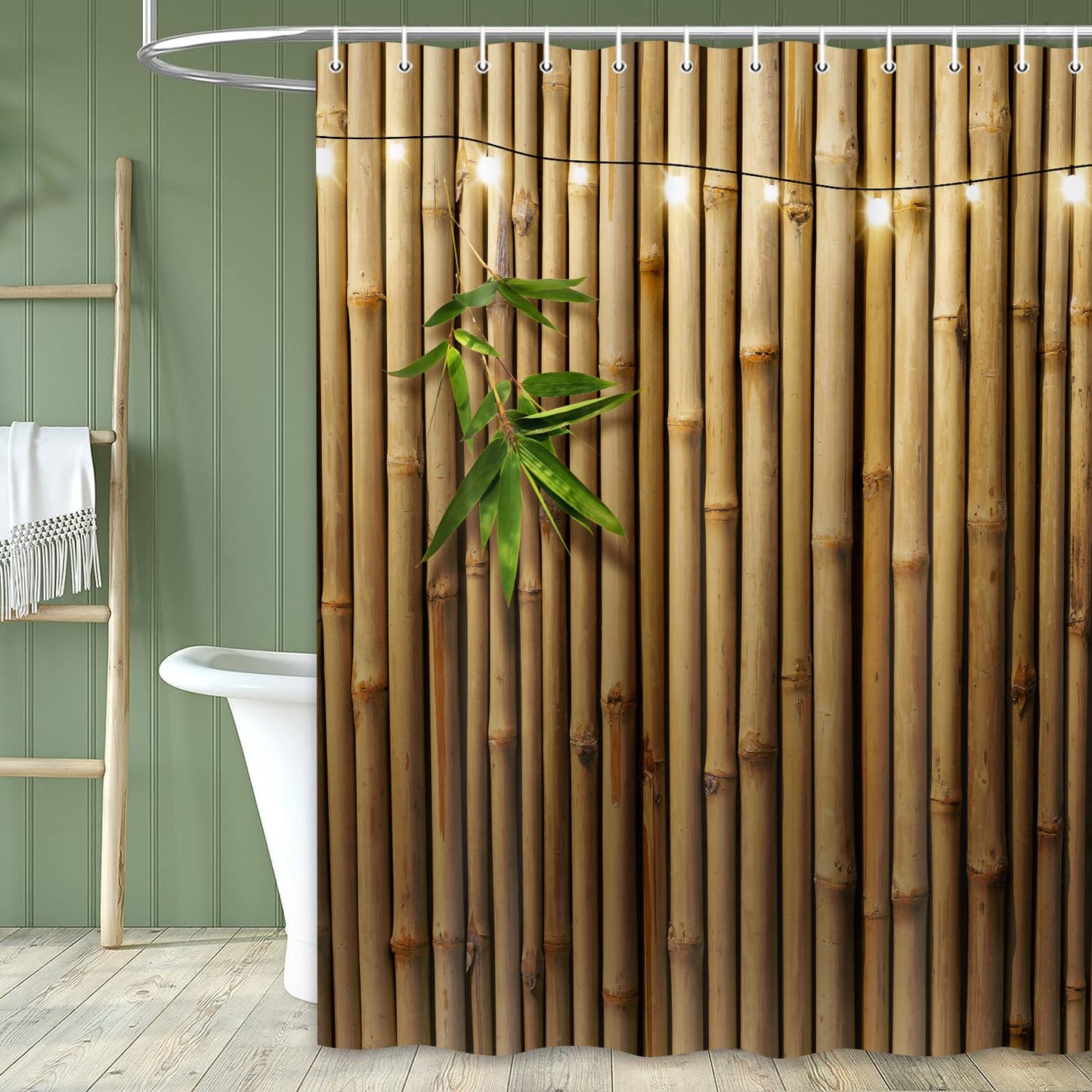 Pinpai Bamboo Shower Curtain, Japanese 3D Shower Curtain Set for Bathroom, Nature Zen with Lights Fabric Shower Curtain Restroom Bathtub Decor Accessories with Hooks 72X 72 inch