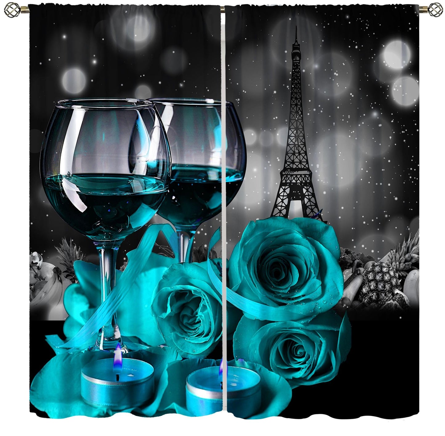 wlsgdsg Wine Curtains for Kitchen,Romantic Farmhouse Kitchen Fruit Cyan Rose Flower Candle Paris Tower Light Art Window Drapes Print for Boys Girls Bedroom Living Room 42x45in