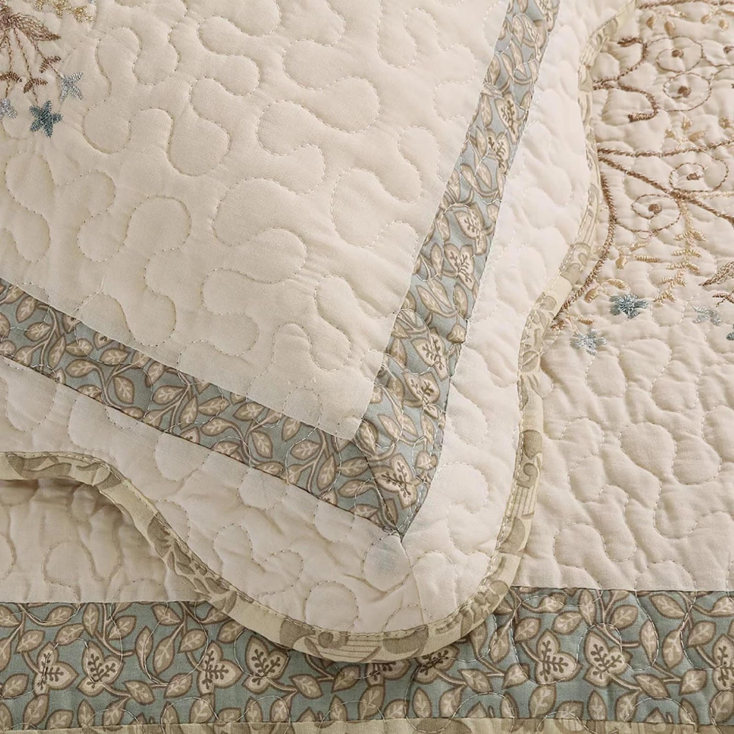 ROOMLIFE Quilt Set Queen Size 3D Floral Embroidery Pattern 3-Piece Cotton Reversible Quilted Embroidered Decorative Bedspreads Coverlet Bedding Set, Lightweight &Soft, All Season(86.6" X 94.4")