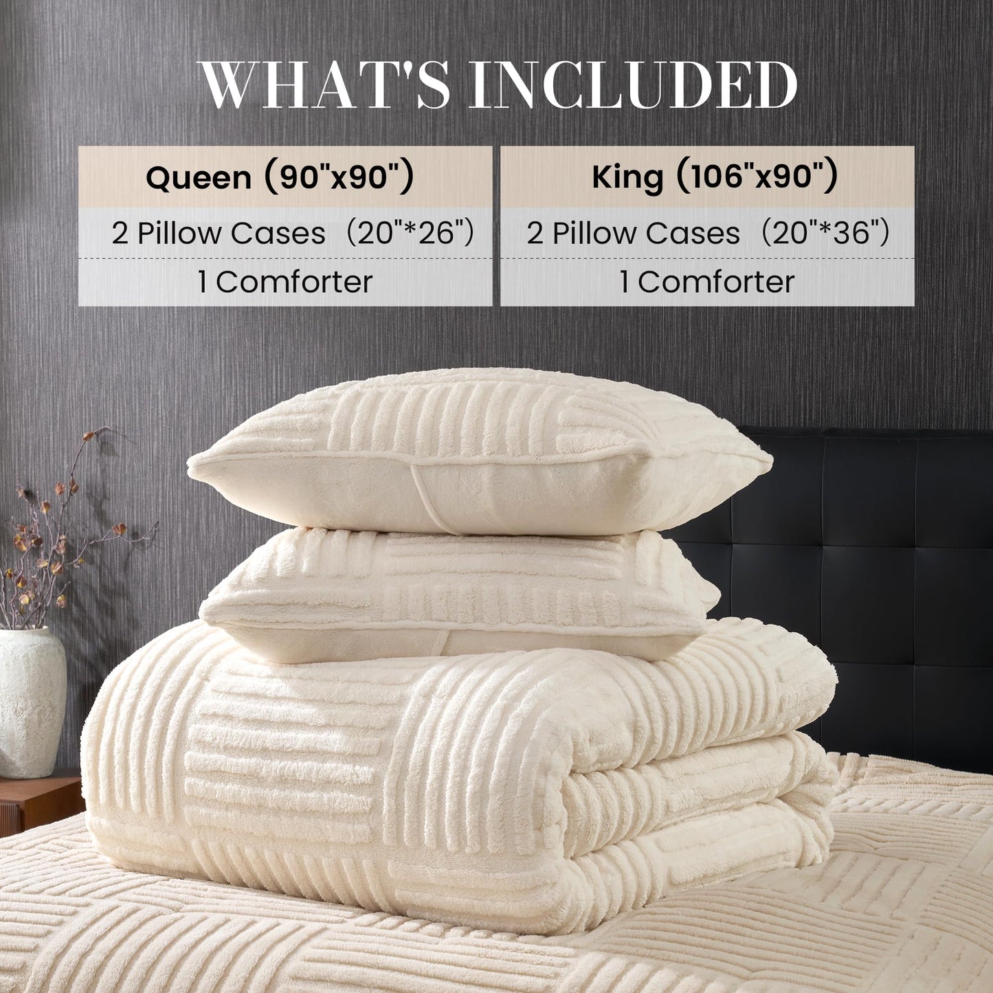 Amélie Home Fleece Comforter Set Queen Size, Beige Fleece Bedding Set with Stripe Jacquard, Soft Fluffy Bedding Set, 3 Pieces, 1 Warm Comforter and 2 Pillowcases