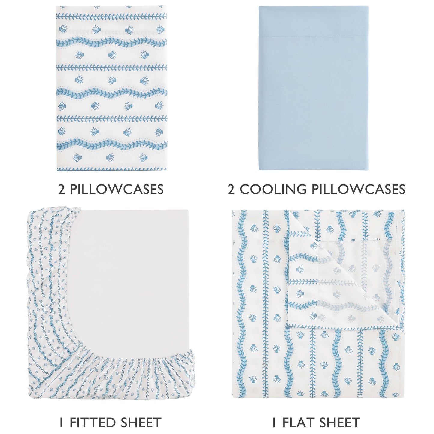 Caribbean Joe 6-Piece Sheet Set with Cooling Pillowcases, 12-inch Deep Pockets, Tropical Beach Coastal Design, Queen, Wavy Coastal Shells