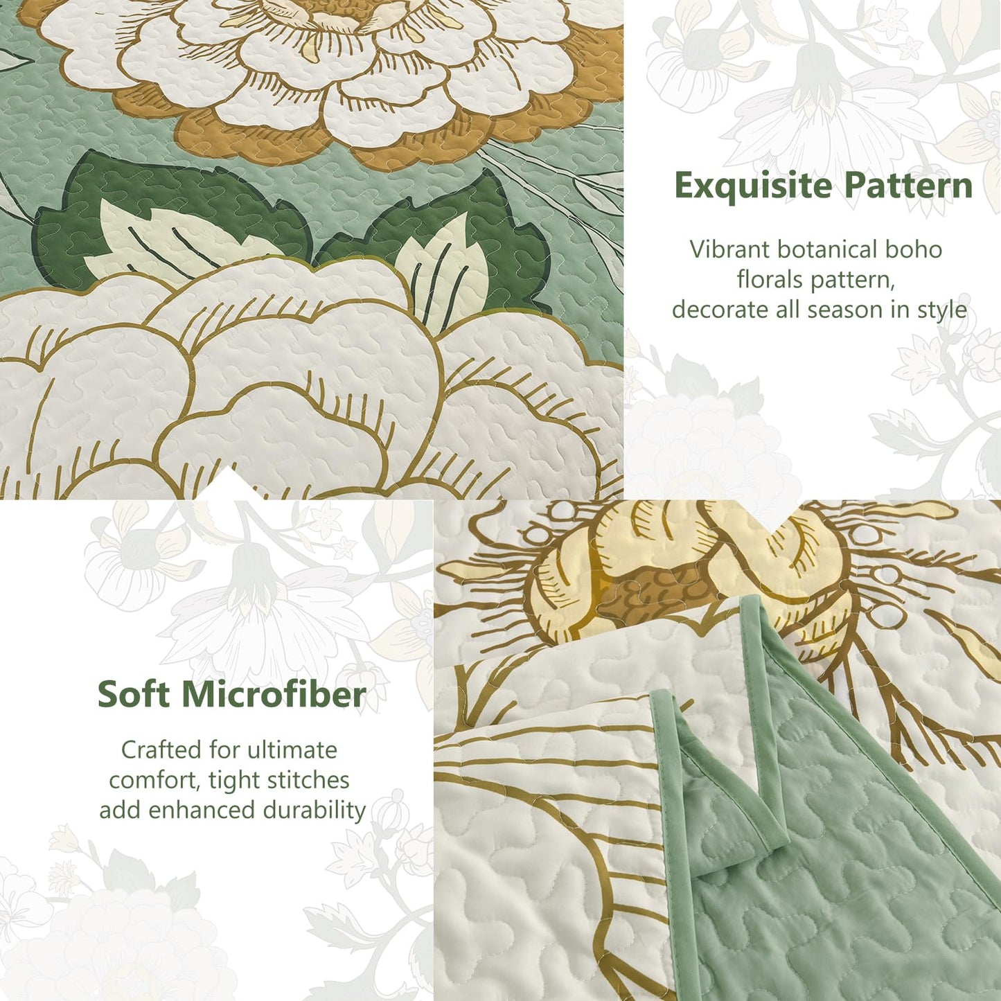 DJY Sage Green Quilt Set Queen Size 3 Pieces Floral Boho Bedspread Coverlet Set, Lightweight Microfiber Farmhouse Floral Quilted Bedding Set Reversible Bed Cover for All Season, 96''x90''