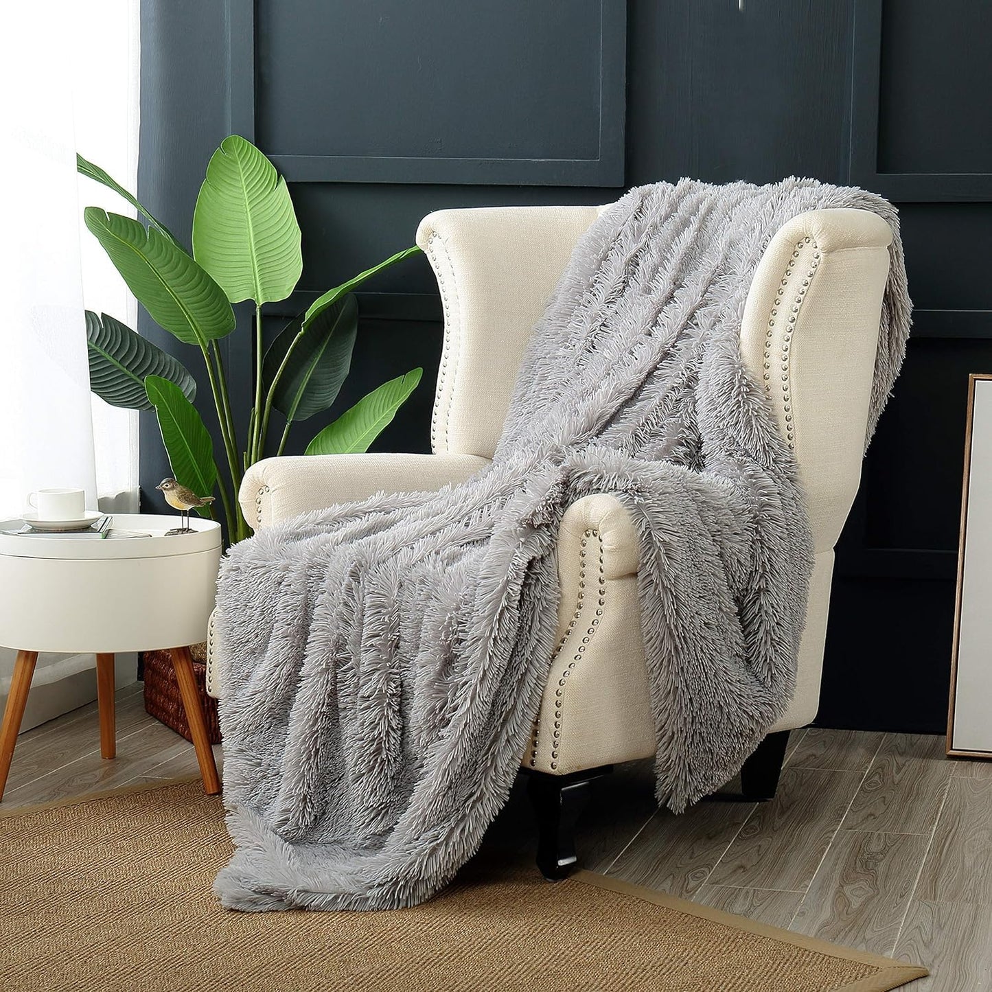 Shaggy Faux Fur Throw Blanket 60" x 70" – Ultra Soft Fluffy Plush Blanket, Double-Sided Cozy Micromink, Lightweight Warm Blanket for Couch, Bed, Sofa, Machine Washable (Grey)