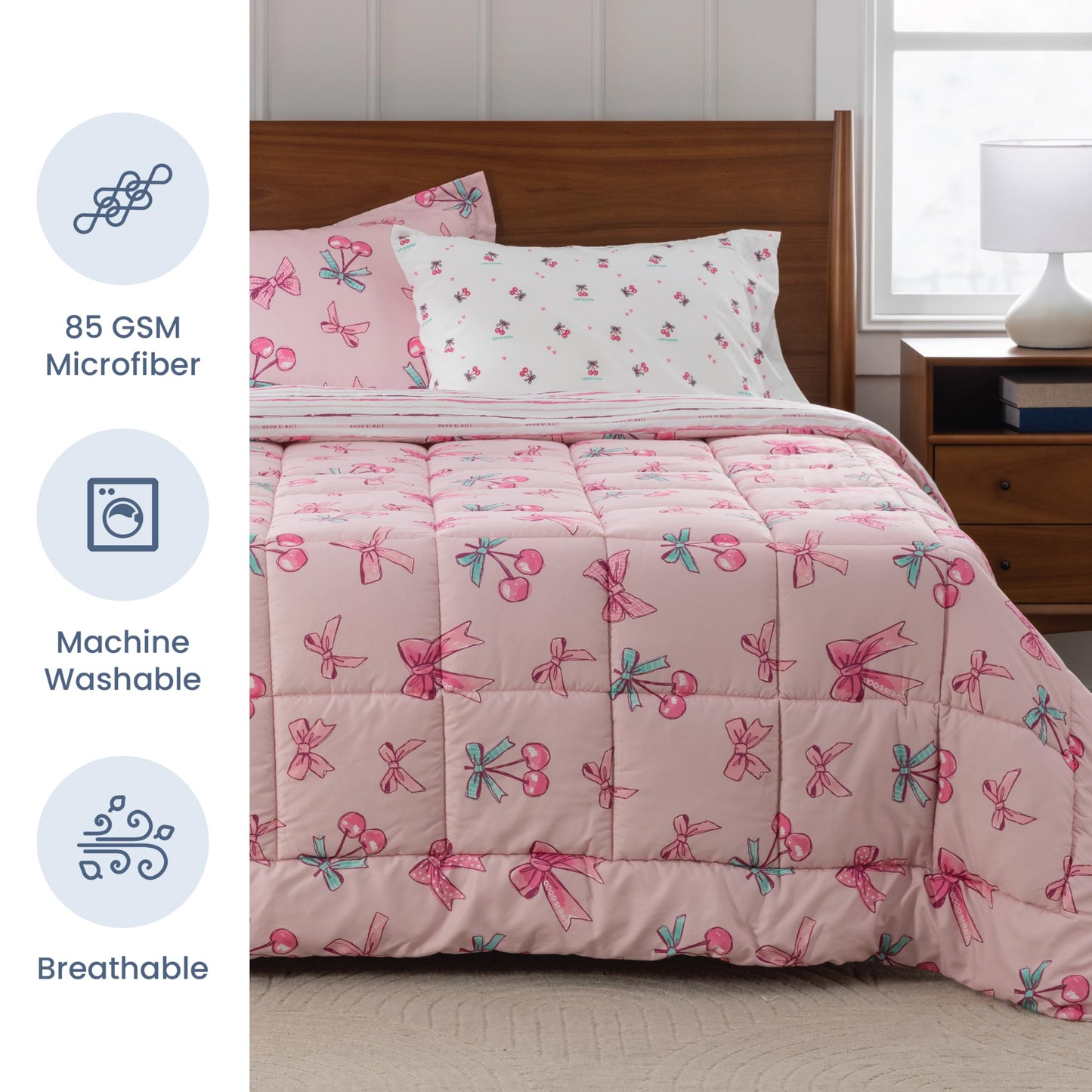 Berkshire LIG Printed Reversible Microfiber Comforter Set–7-Piece, Ultra Soft All-Season Bedding, Wrinkle & Fade Resistant, Queen, Cherry Bows Blush