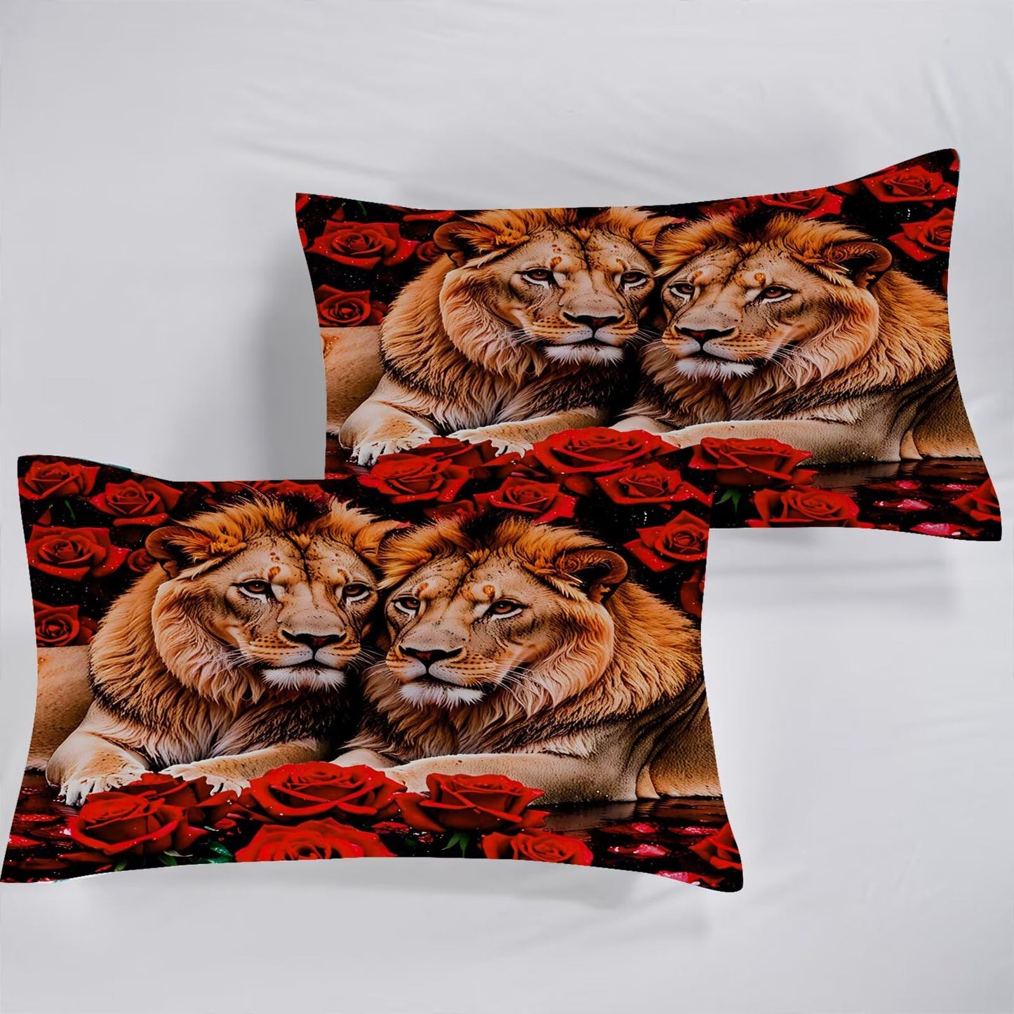 VTKON Rose Lions Sheets Set Twin for Kids and Women Animal Print Bedding Set with Deep Pocket 3D Wildlife Bed Set with 1 Flat Sheet 1 Fitted Sheet and 1 Pillowcase