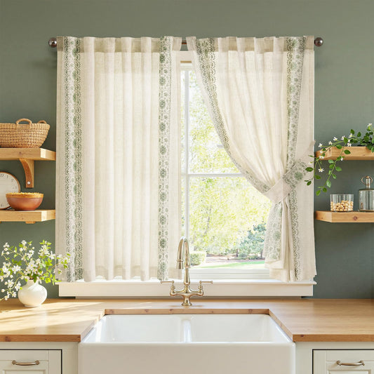 jinchan Small Window Curtains 45 Inch Length Linen Cafe Curtains for Kitchen Bathroom Bordered Floral Embroidered Short Drapes Rustic Farmhouse Light Filtering Curtain Set 2 Panels Green on Beige