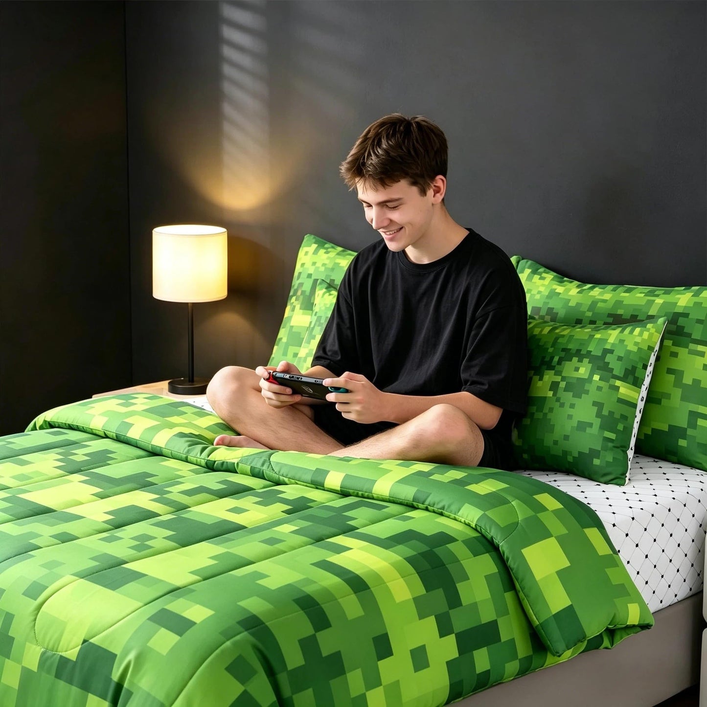 Feelyou Pixel Theme Twin Comforter Set with Sheets for Kids Boys Girls Geometric Square 7 Pieces Bedding Set Gamer Bed in a Bag Mosaic Room Decor Green Soft Lightweight Microfiber