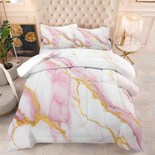 EDGZKO Comforter Set Pink Marble: King Size Bedding Sets for Women Girls Teens Bedroom Luxury Pink Gold Glitter Abstract Marbling Pastel Bed Set 1 Comforter & 2 Pillowcases