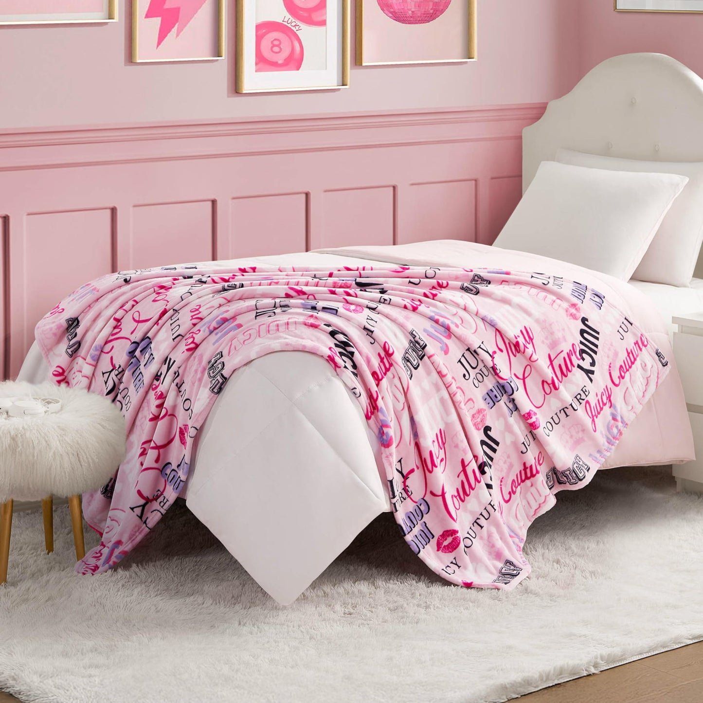 Juicy Couture Icon Collage 50" x 70" Plush Throw Blanket, Pink - Decorative Blankets for Sofas, Throws for Chairs, and Beds