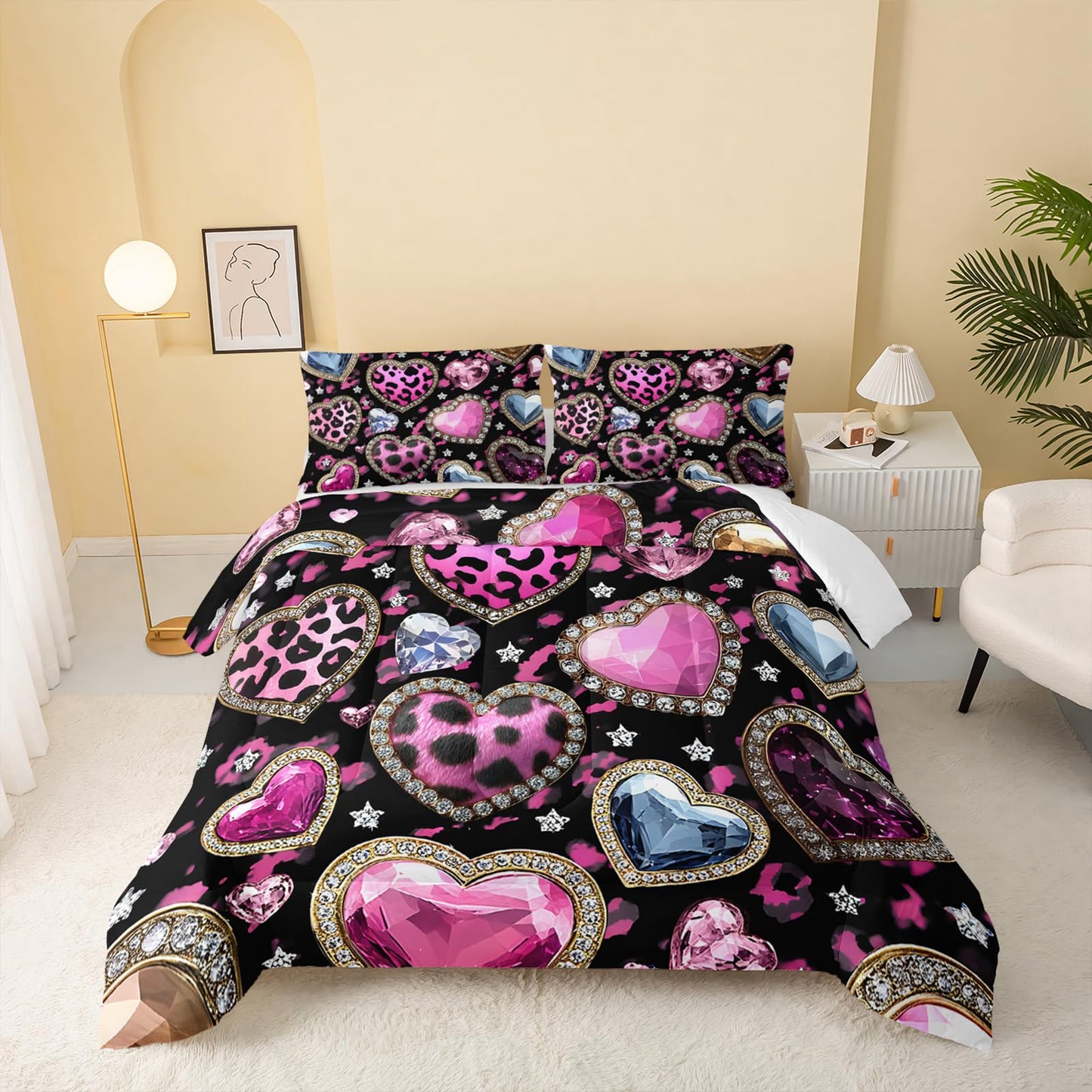 QOOMO Pink Heart Kids Full Comforter Set 3Pcs Leopard Love Heart Bedding Set for Girls Boys Crystal Diamond Printed Comforter with 2 Pillowcases Lightweight Microfiber for All Seasons