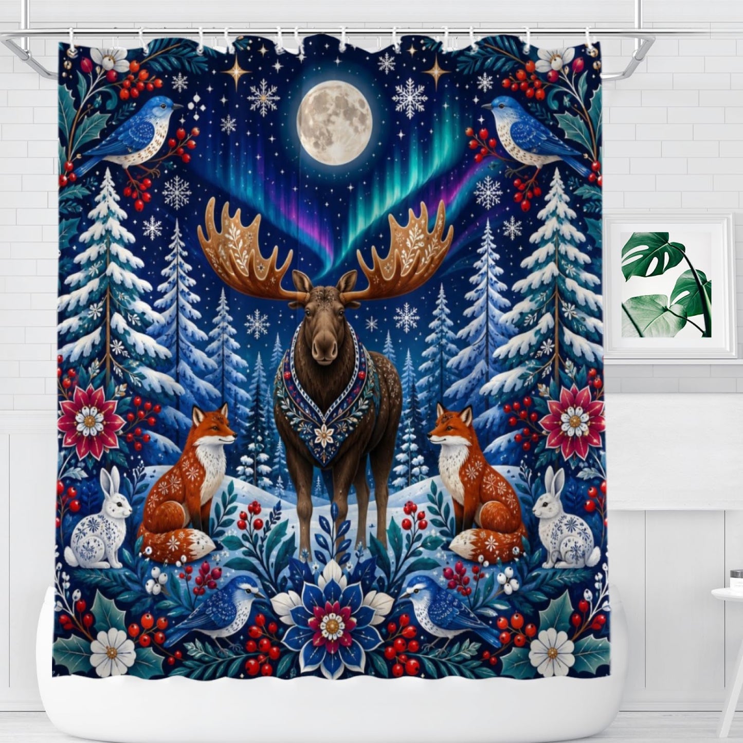 REZHOCH Moose Forest Shower Curtain 72x72 Inch, Aurora Night Moose Fox Rabbit Snowflake Woodland Floral Art Bathroom Decor, Rustic Wildlife Bath Set with Hooks