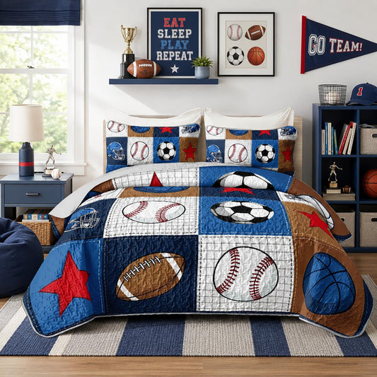 HOSIMA Ball Quilt Bedding Set Queen Size for Kids,Various Balls Pattern Summer Sports Bedding for Teens Boys Room Decor,Lightweight Plaid Patchwork Quilt with 2 Pillowcases.